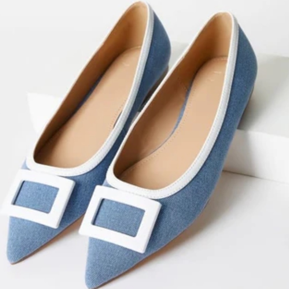 JustFab Taryn Blue Denim Buckle Pointed Ballet Flat